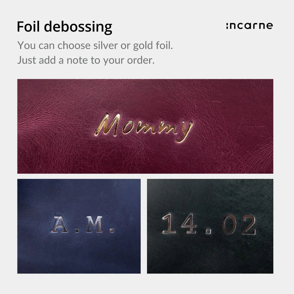 Gold and silver foil debossing options showing shiny personalized lettering on leather accessories