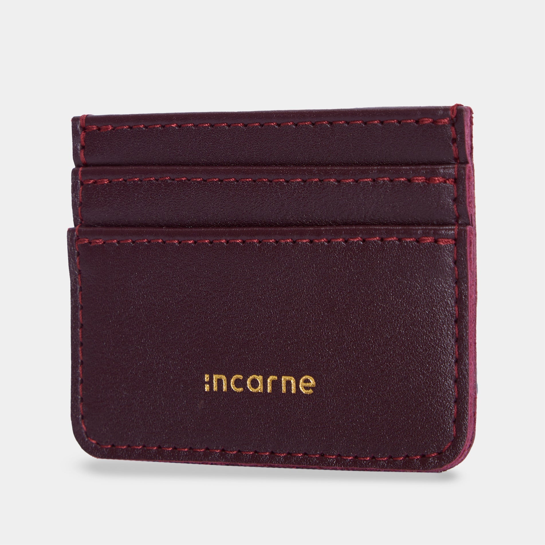 Minimal ultra-thin burgundy leather cardholder front view