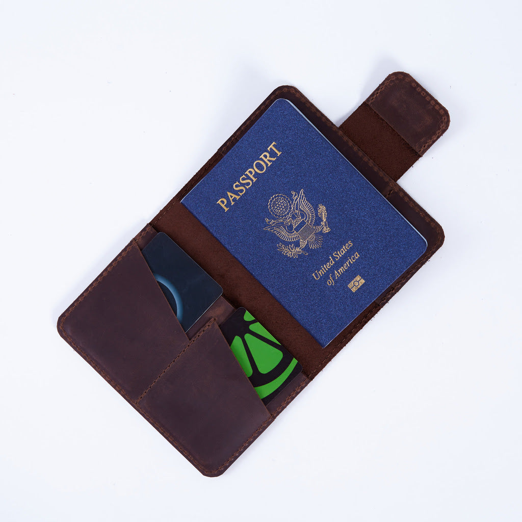 Smart Journey Vintage Leather Passport Cover for Travel with AirTag and Cards Holders