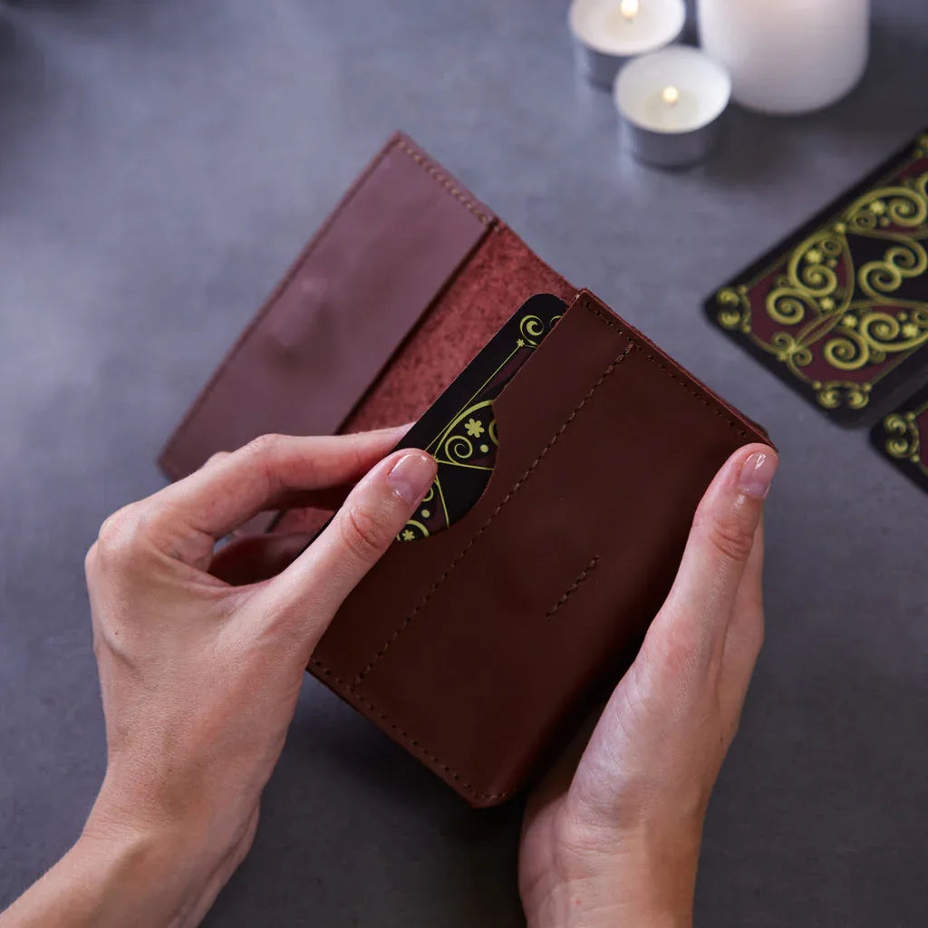 Horizontal tarot bag with magnetic clasp made from classic leather - INCARNEĀ® Global