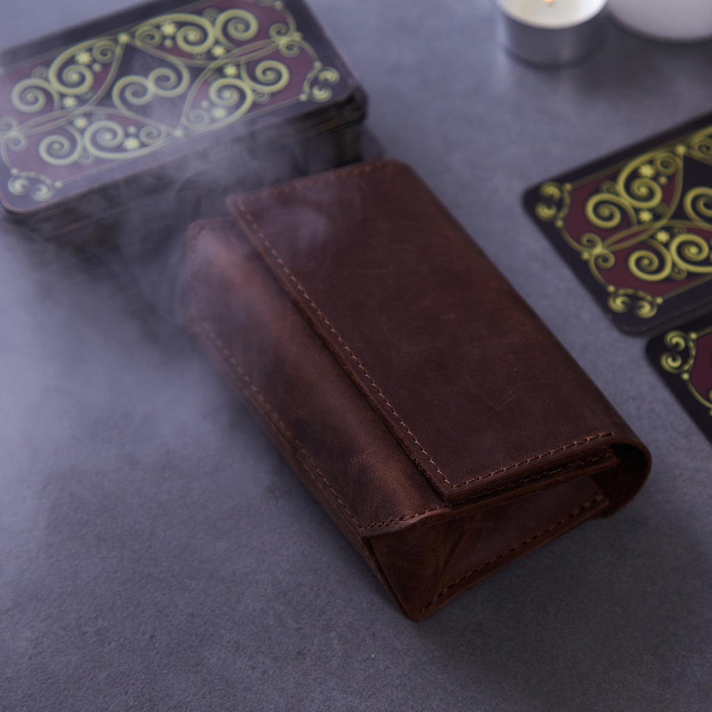 Horizontal tarot bag with magnetic clasp made from vintage leather