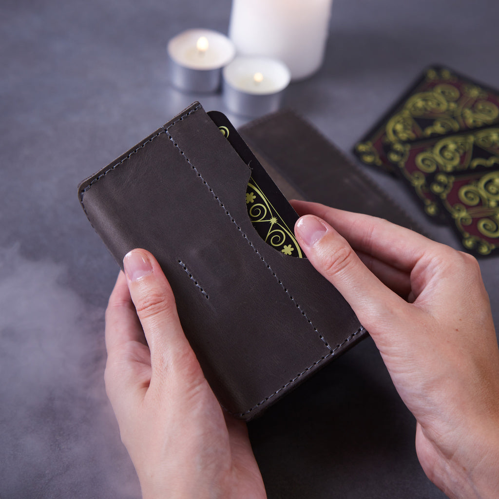Horizontal tarot bag with magnetic clasp made from vintage leather