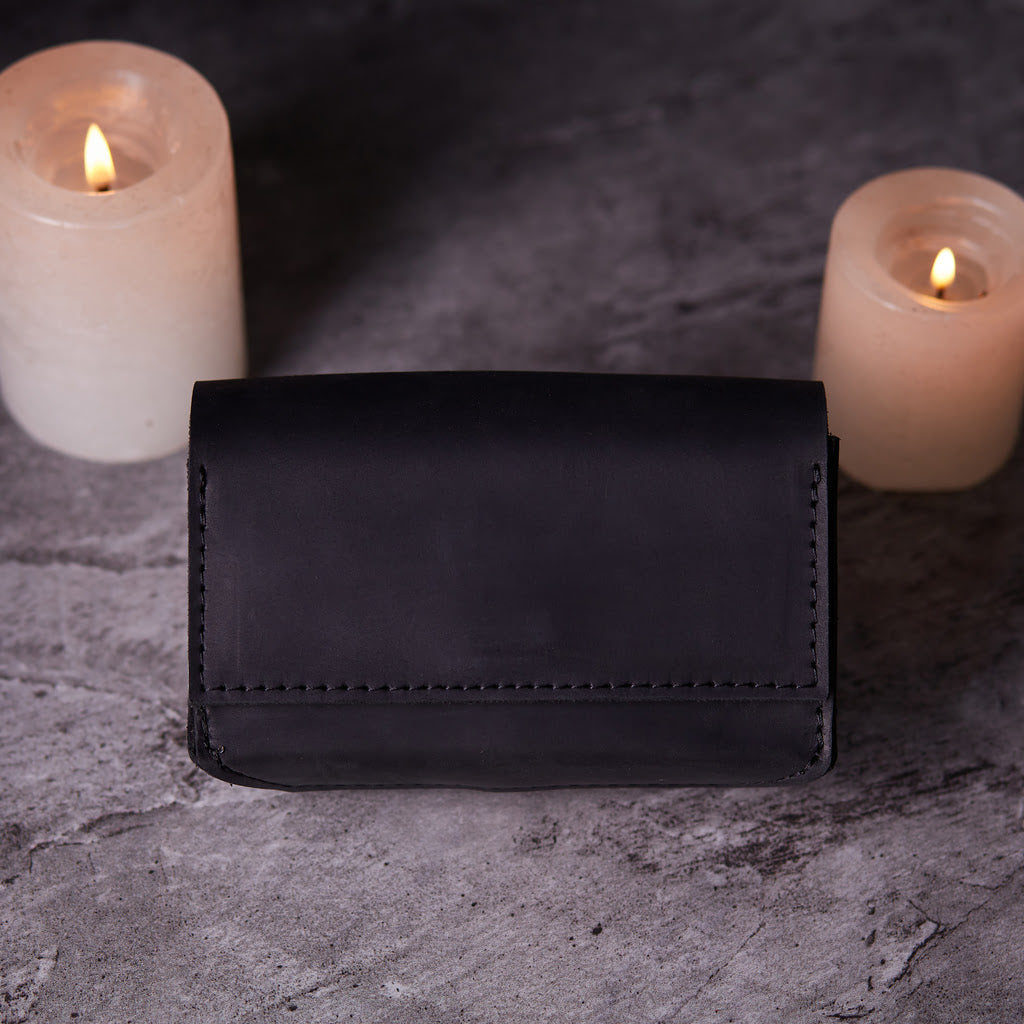 Horizontal tarot bag with magnetic clasp made from vintage leather