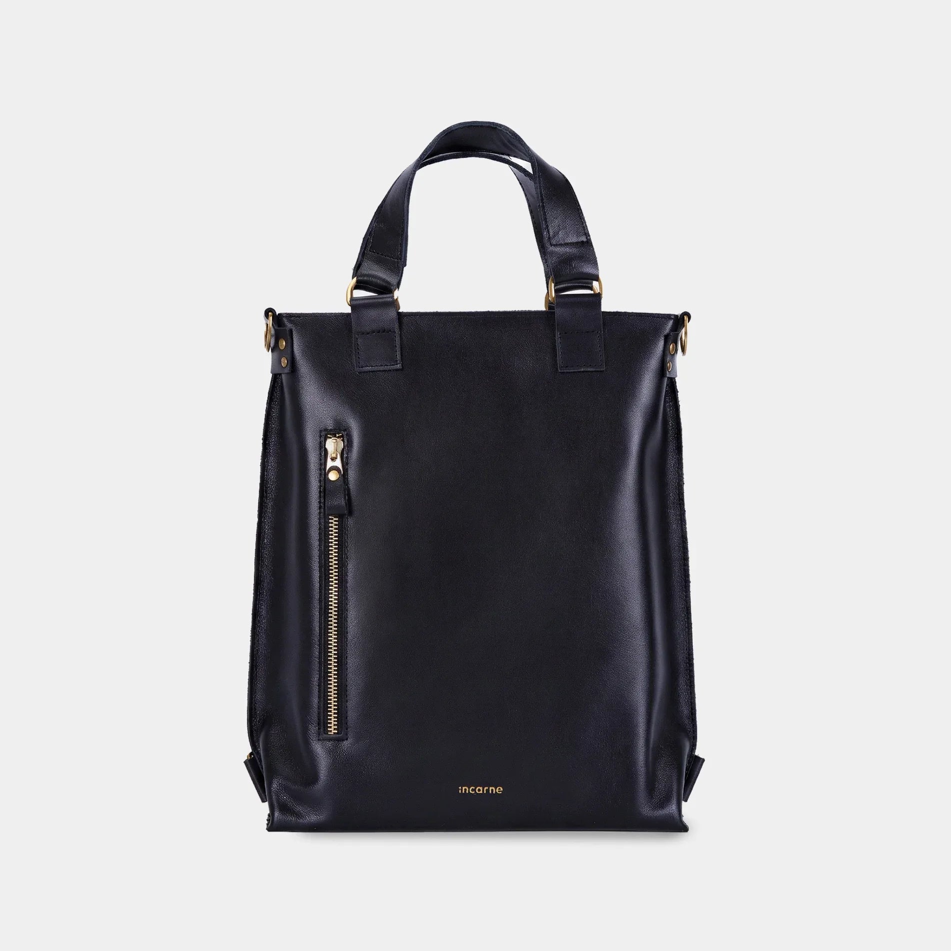 black convertible backpack leather laptop Optimus 2-in-1 leather bag and backpack by INCARNE in Black S (25x33x9 см)