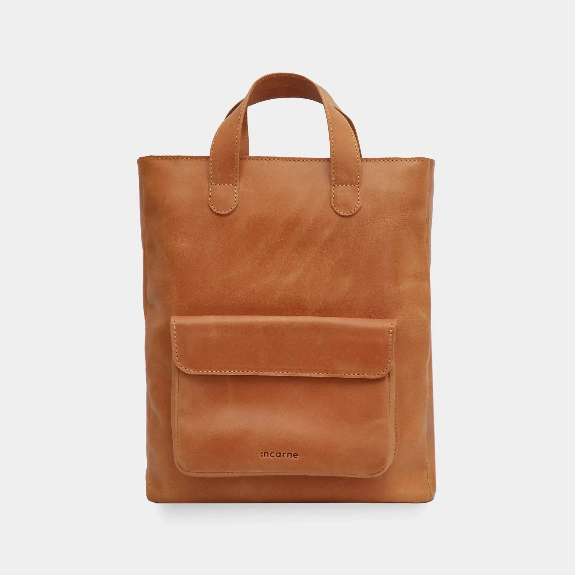backpack voyager leather Voyager Long leather laptop Convertible bag with pocket by INCARNE in cognac