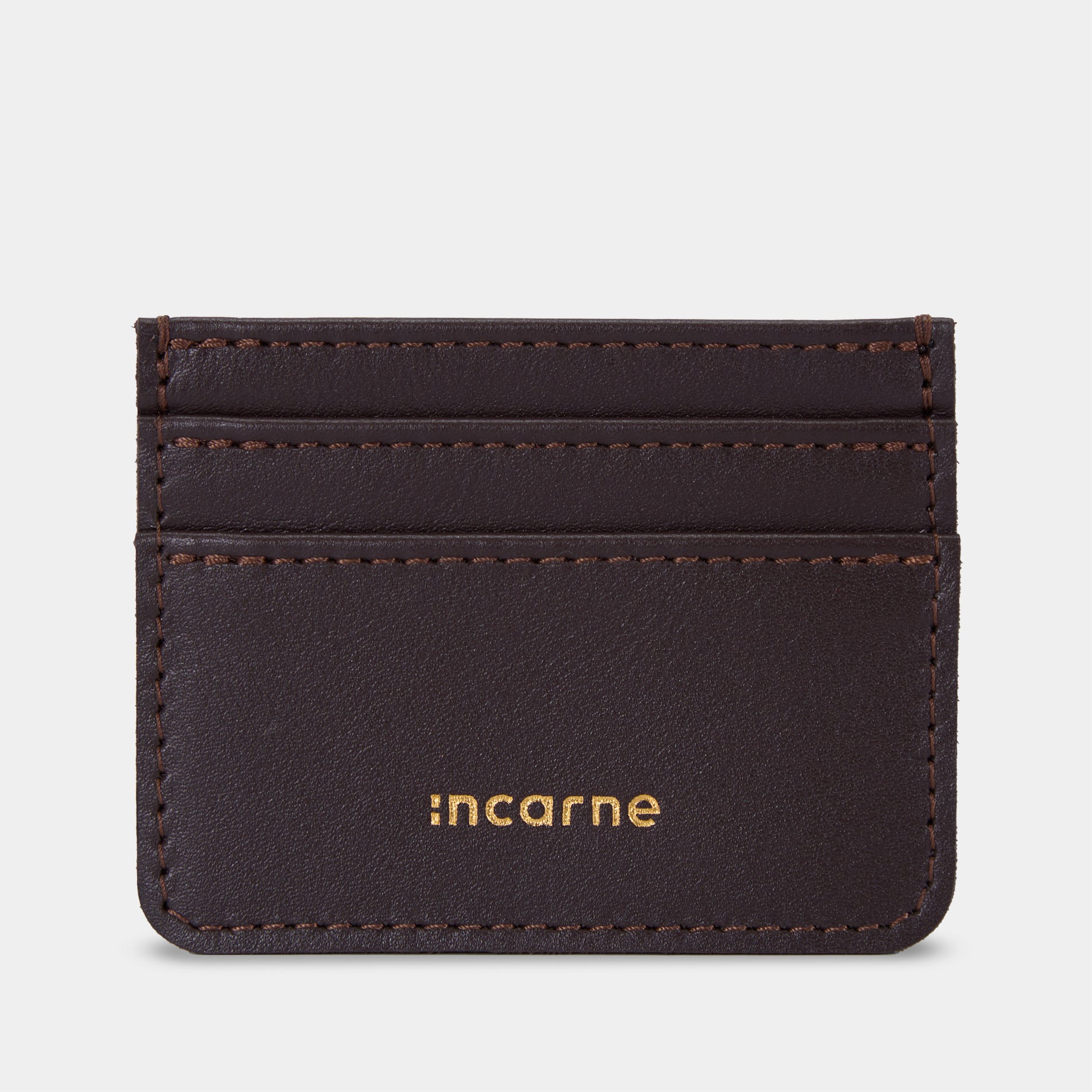 Minimal chocolate leather cardholder front view