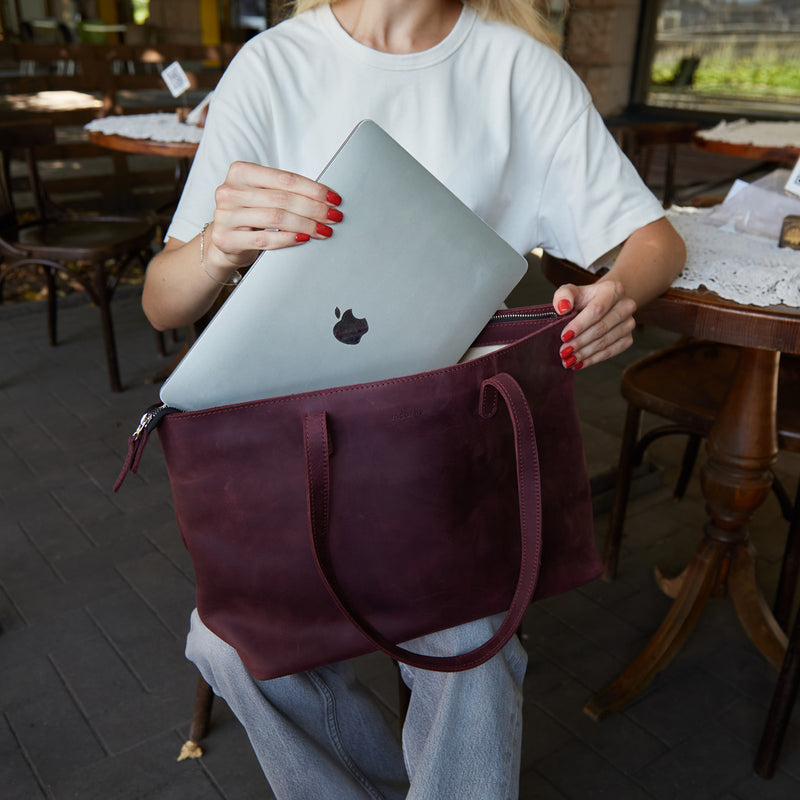 Spacious women's shopper bag with a laptop compartment made from vintage leather Emeli