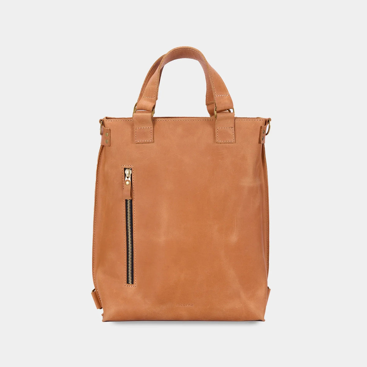 Optimus genuine leather backpack bag by INCARNE in cognac, Convertible bag M (32x40x10 см)